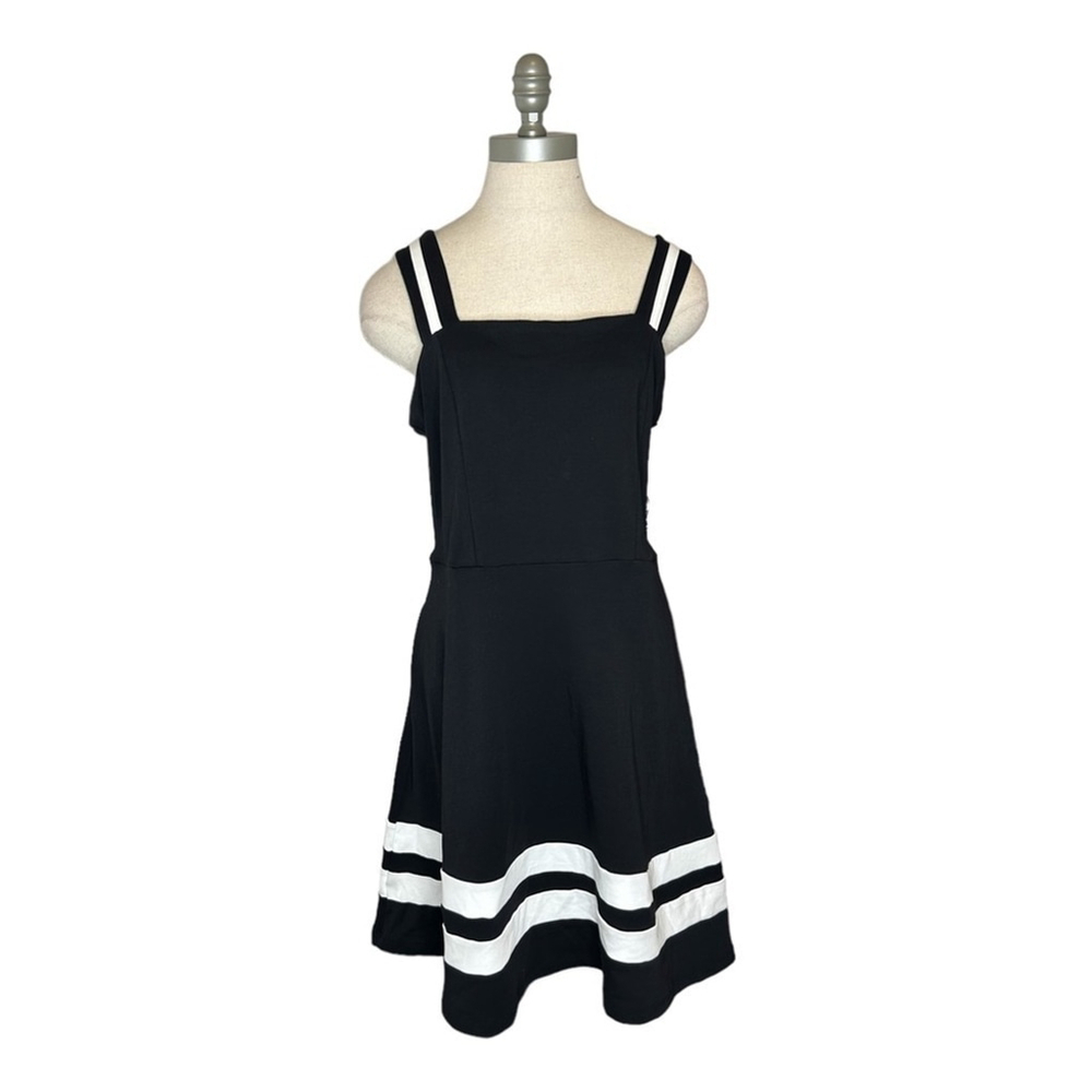 New York & Company Black White Retro Stripe Cotton Fit And Flare Dress Large - Picture 2 of 10